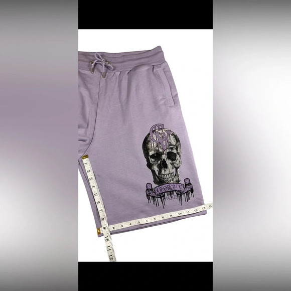 Avenue George V Paris Mens Drawstring Shorts Lila Rhinestone Skull Size 3XL - Picture 7 of 11
